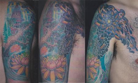 Tattoos - Japanese lotus with shrine and chrysanthemum chestplate - 122085
